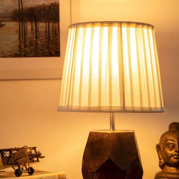 Wooden Hexa Lamp with Pleeted Cotton White Shade - 1