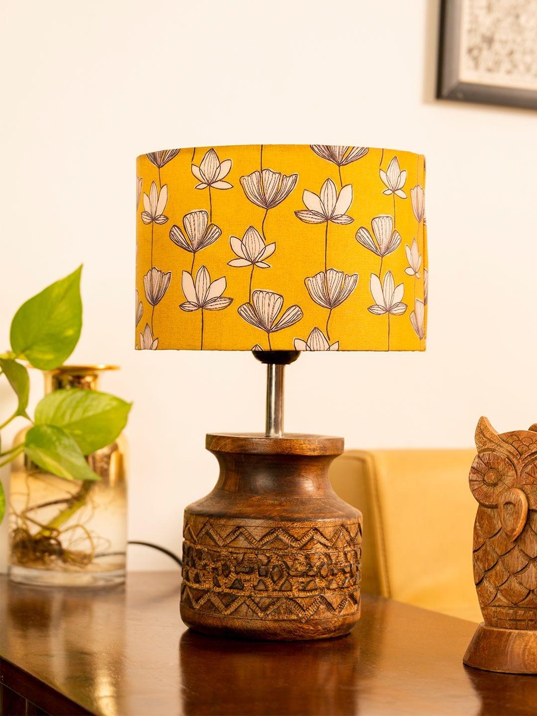 Wooden Carved Lamp with Mustard Flora Multicolor Shade - 1 - Image 2