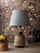 Rustic Ridged Wooden Lamp with Samre Grey Shade - 1