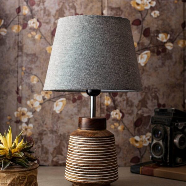 Rustic Ridged Wooden Lamp with Samre Grey Shade - 1