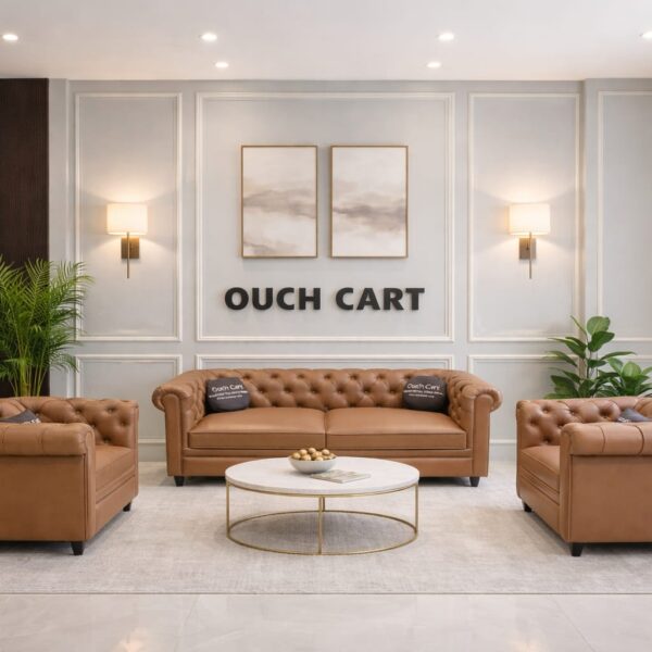Luxury Chesterfield Leather Sofa Set – 3 Seater & Armchairs | Premium Living Room Furniture