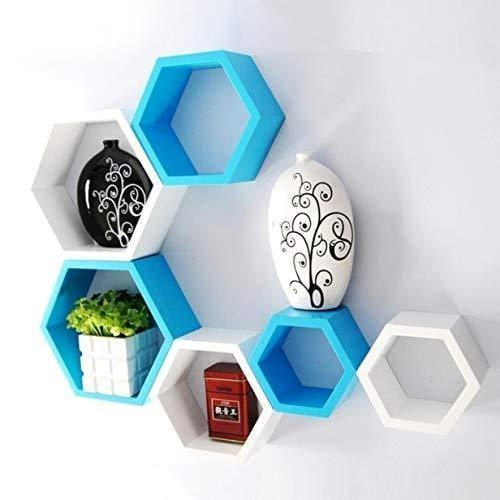Wall Shelf for Living Room Stylish | Hexagonal Designer Wooden Shelves | Display Rack for Bedroom, Kitchen, Office (Set of 6| Color-White & Sky Blue) - 1 - Image 3