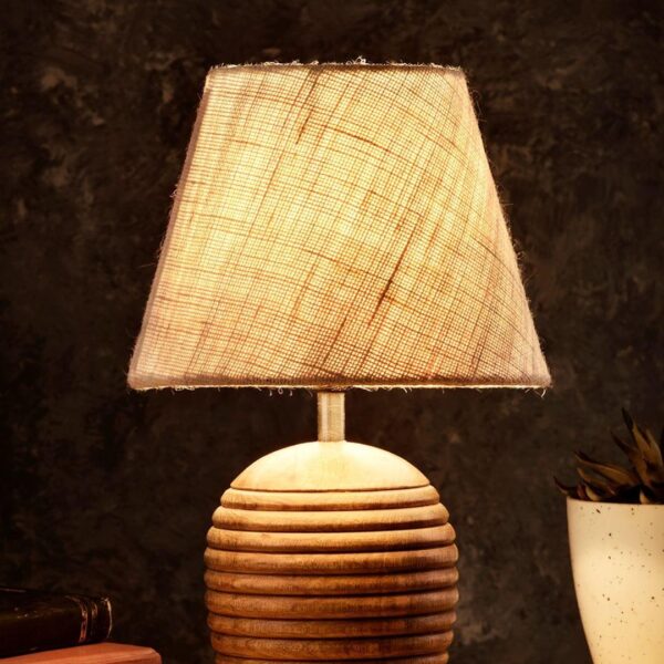 Striped Wooden Brown Lamp with White Jute Shade - 1