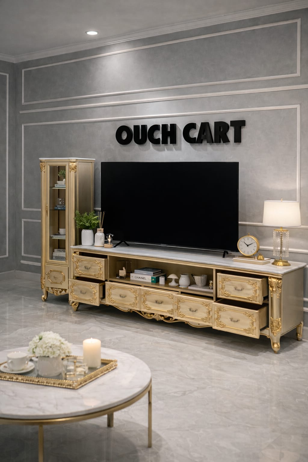 Luxury Royal Gold Finish TV Cabinet & Console Table with Storage Drawers - Variant 1 - Image 2