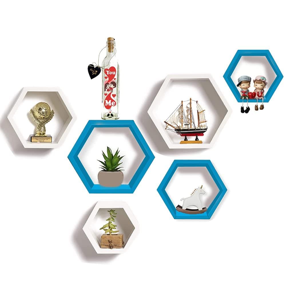 Wall Shelf for Living Room Stylish | Hexagonal Designer Wooden Shelves | Display Rack for Bedroom, Kitchen, Office (Set of 6| Color-White & Sky Blue) - 1 - Image 2