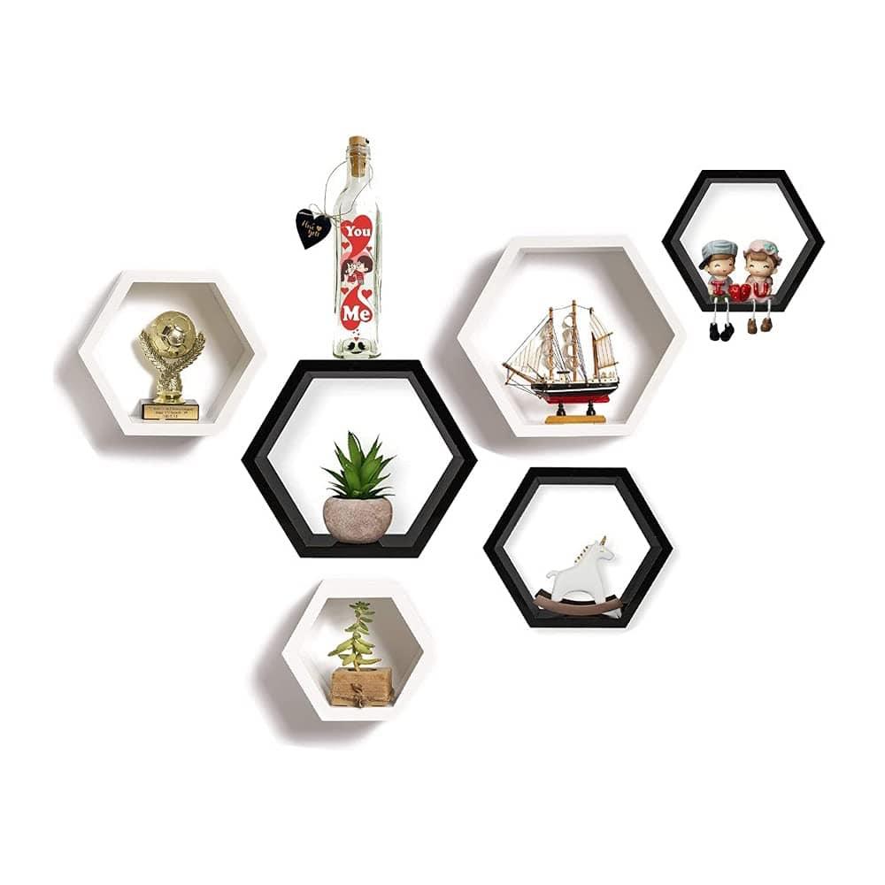 Wall Shelf for Living Room Stylish | Hexagonal Designer Wooden Shelves | Display Rack for Bedroom, Kitchen, Office (Set of 6| Color- Black & White) - 1 - Image 2