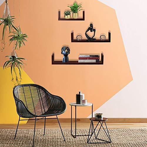 U Shaped Wall Shelf For Living Room Stylish | Wooden Floating Wall Shelves | Storage Racks Organizer and Book Shelves (Set of 3, Mahogany Finish) - 1 - Image 3