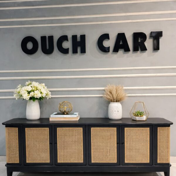 Chic Teak Wood & Rattan Black Sideboard – Stylish Storage Piece