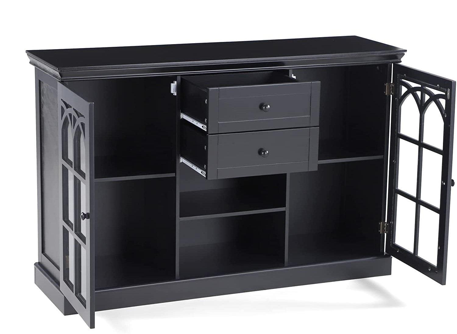 Sideboard Buffet Storage Cabinet with 2 Glass Doors & 2 Drawers Coffee Bar Modern Farmhouse Style Entryway Cabinet for Kitchen Dining Room Living Room, Black - Variant 1 - Image 3