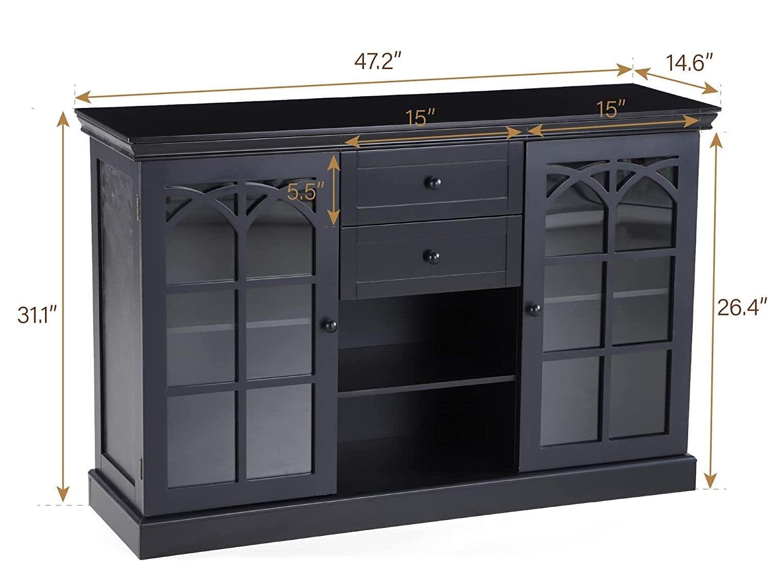 Sideboard Buffet Storage Cabinet with 2 Glass Doors & 2 Drawers Coffee Bar Modern Farmhouse Style Entryway Cabinet for Kitchen Dining Room Living Room, Black - Variant 1 - Image 2