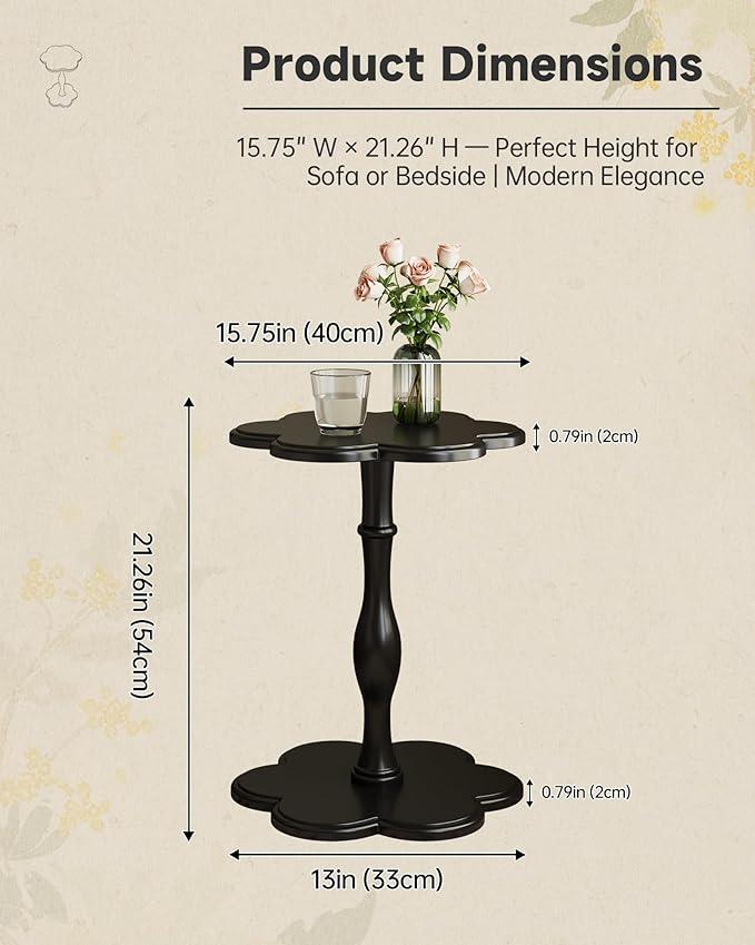 Black Solid Wood Pedestal Side Table, Flower Design Accent End Table for Sofa & Bedroom - Image 3