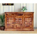 Solid Sheesham Wood Diamond Design Sideboard 3 Door 3 Drawer (Honey Finish) - Variant 1