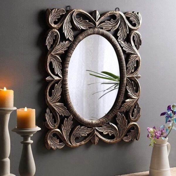 Handcrafted Wood Wall Mirror (50 cm x 2 cm x 60 cm, Brown) - 1
