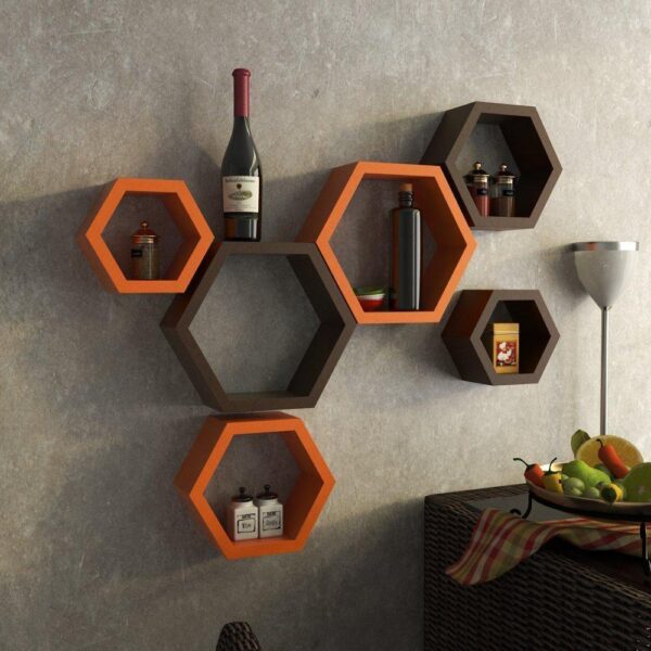 Fancy 6 Pcs Hexagonal Wooden Wall Shelf Home decoration - 1