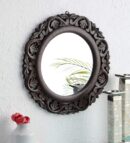 Hand Crafted Wooden Round Shape Vanity Wall Mount Mirror- Brown, 16 X 16 Inches, Framed - 1