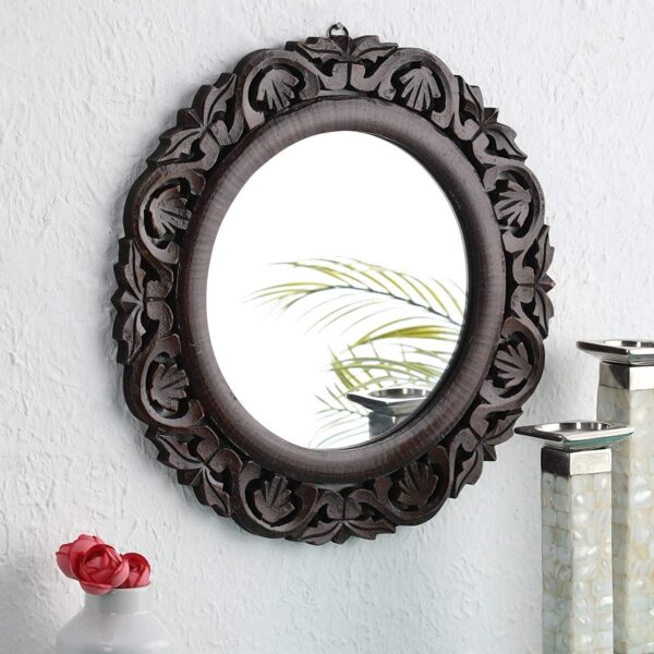 Hand Crafted Wooden Round Shape Vanity Wall Mount Mirror- Brown, 16 X 16 Inches, Framed - 1