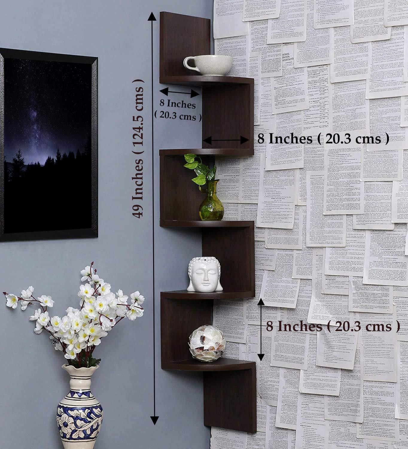 Wooden Wall Shelves | Corner Hanging Shelf for Living Room Stylish | Zig Zag Home Decor Floating Display Rack Storage Organizer Unique Design with Brown Finish 5 Tiers (Set of 2) - 1 - Image 3
