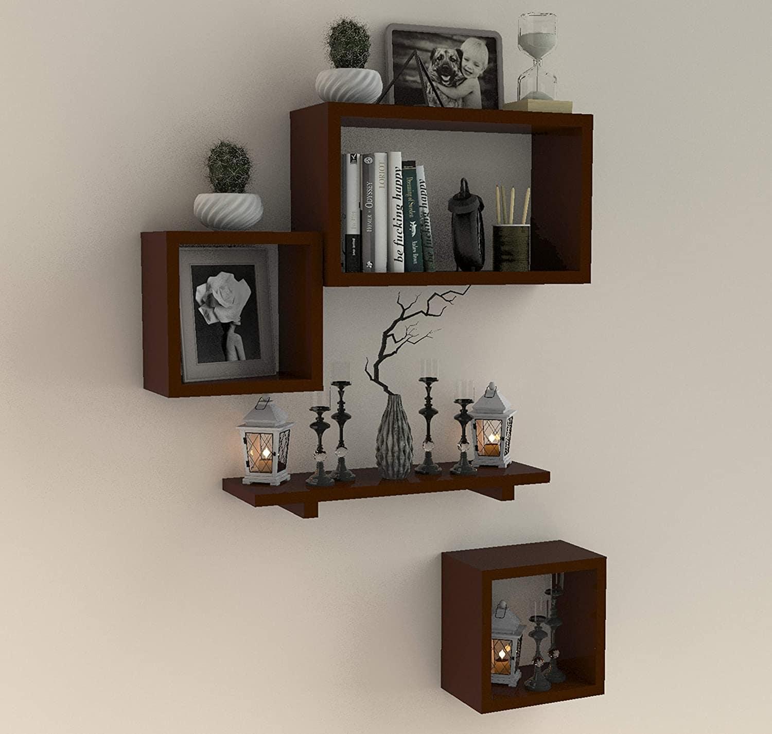 Wooden Floating Wall Shelf with 4 Shelves - MDF Wall Mounted Shelf for Living Room, Bedroom, Office Decor - 1