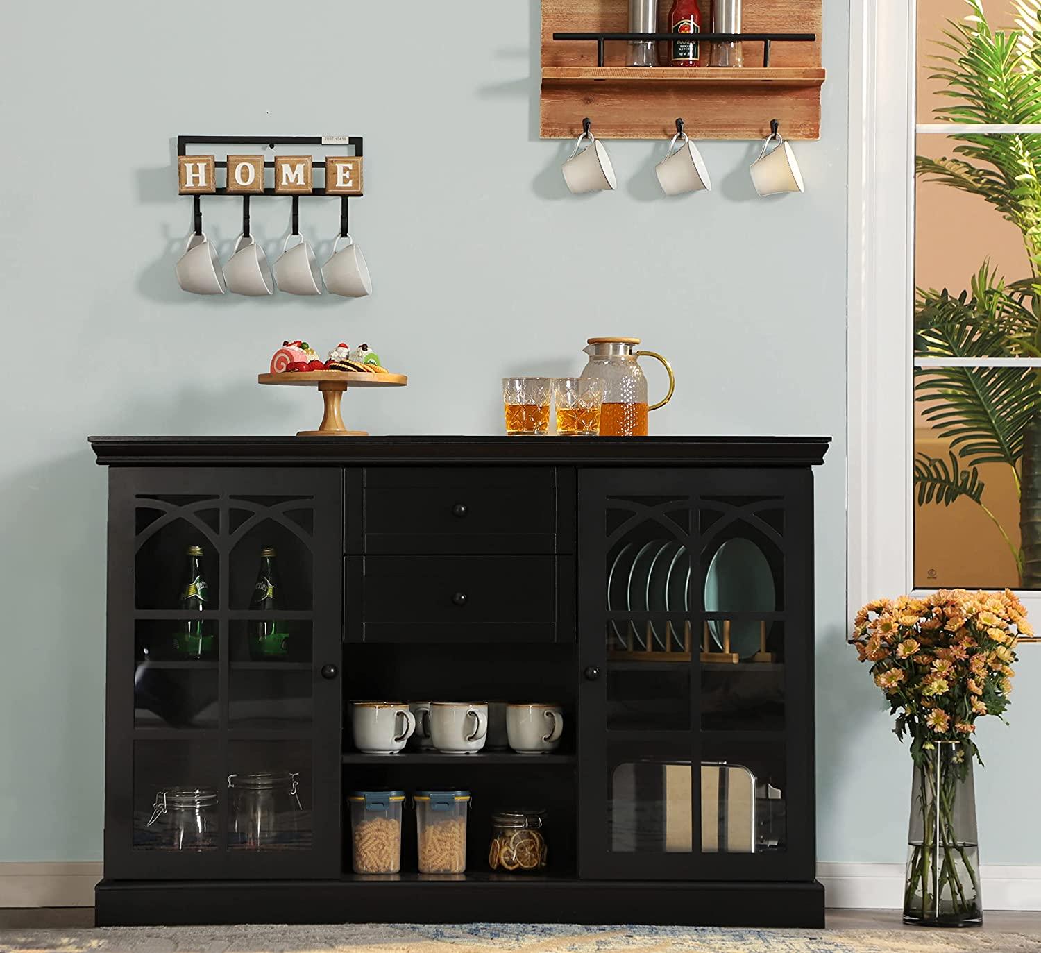 Sideboard Buffet Storage Cabinet with 2 Glass Doors & 2 Drawers Coffee Bar Modern Farmhouse Style Entryway Cabinet for Kitchen Dining Room Living Room, Black - Variant 1