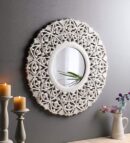 Wood Hand Crafted Round Distressed White Finished Vanity Wall Mount Mirror  27X27 Inches, Framed - 1