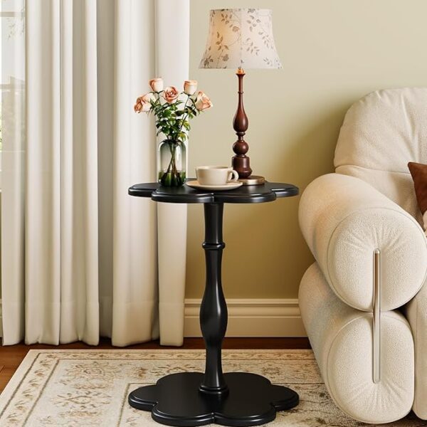 Black Solid Wood Pedestal Side Table, Flower Design Accent End Table for Sofa & Bedroom