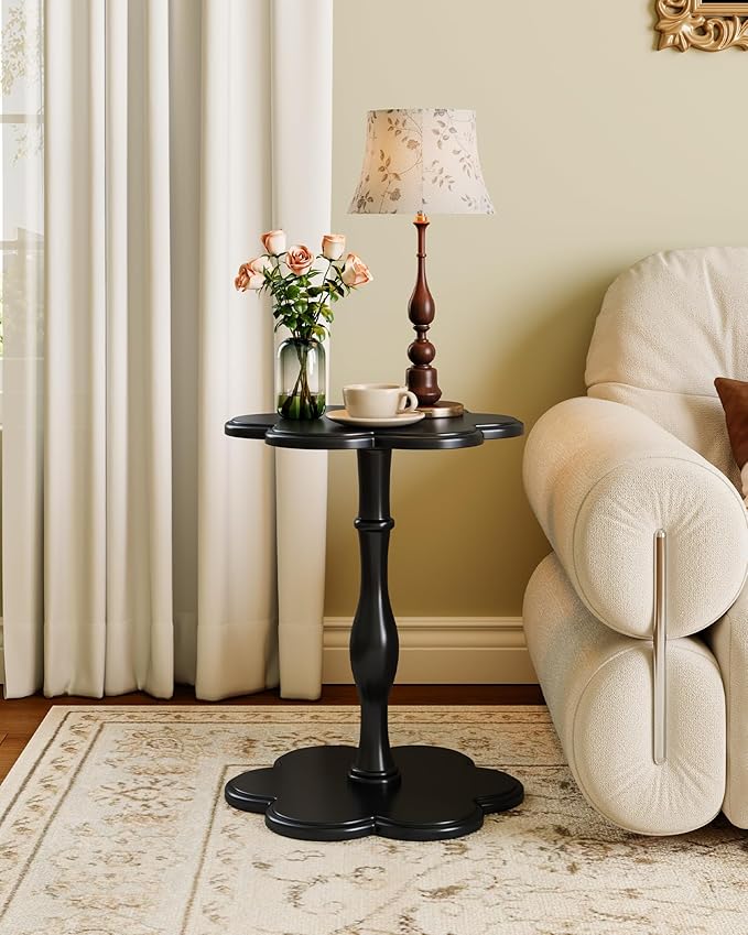 Black Solid Wood Pedestal Side Table, Flower Design Accent End Table for Sofa & Bedroom