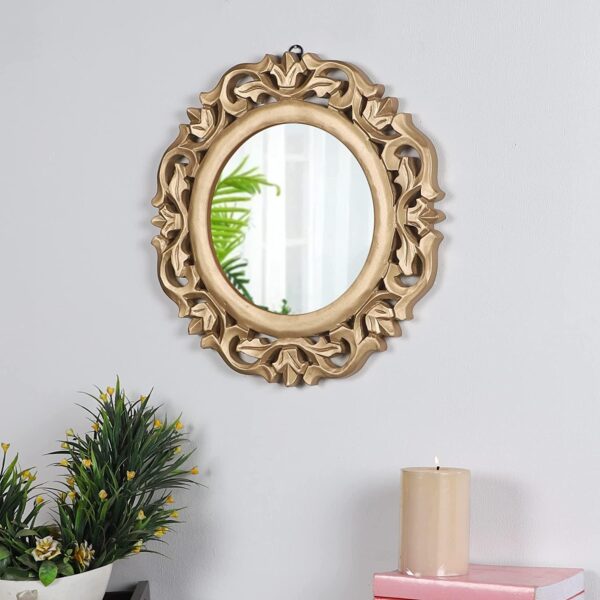 Decorative & Hand Crafted Wooden Mirror in Rich Gold Finish ( 14”x14 x1), Round, Wall mounting, Framed - 1