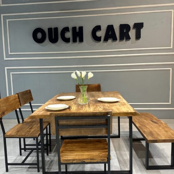 Solid Wood Industrial Dining Table Set with Bench & Chairs | Rustic Modern Design (6-Seater)