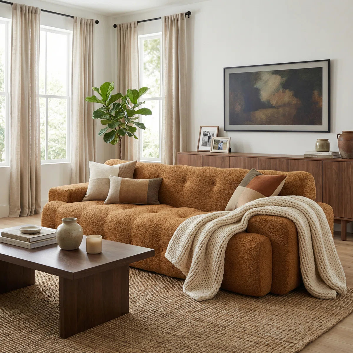 Modern Cloud 3-Seater Sofa | Deep Seat Upholstered Couch with Button Tufting | Plush Minimalist Living Room Sofa