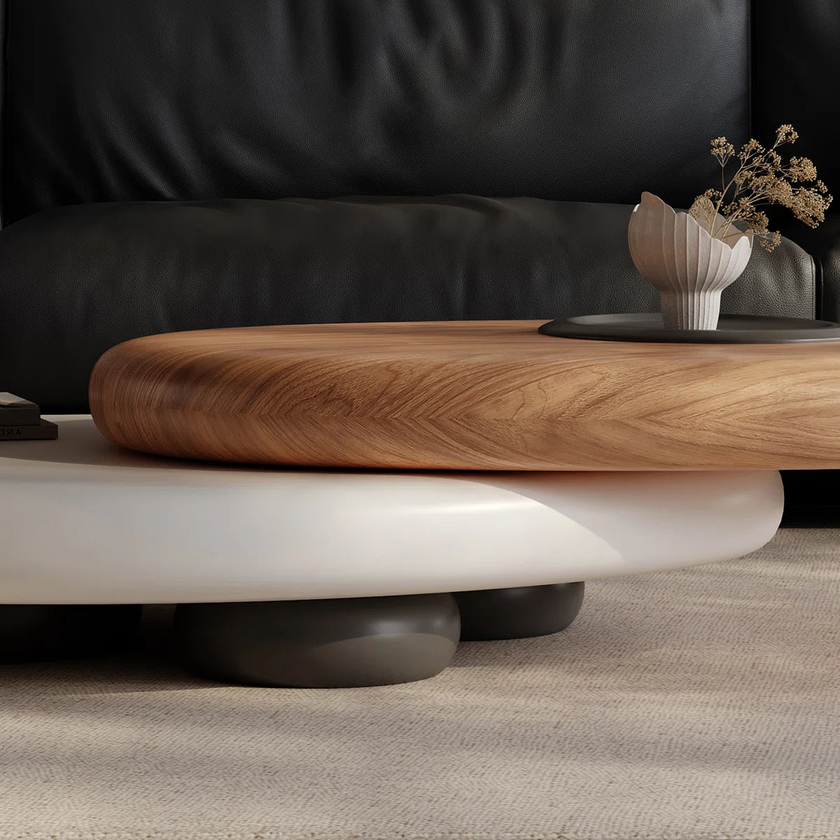 Rotating Dual-Tier Coffee Table – Modern Pebble-Inspired Wooden Top Center Table for Living Room - Image 8