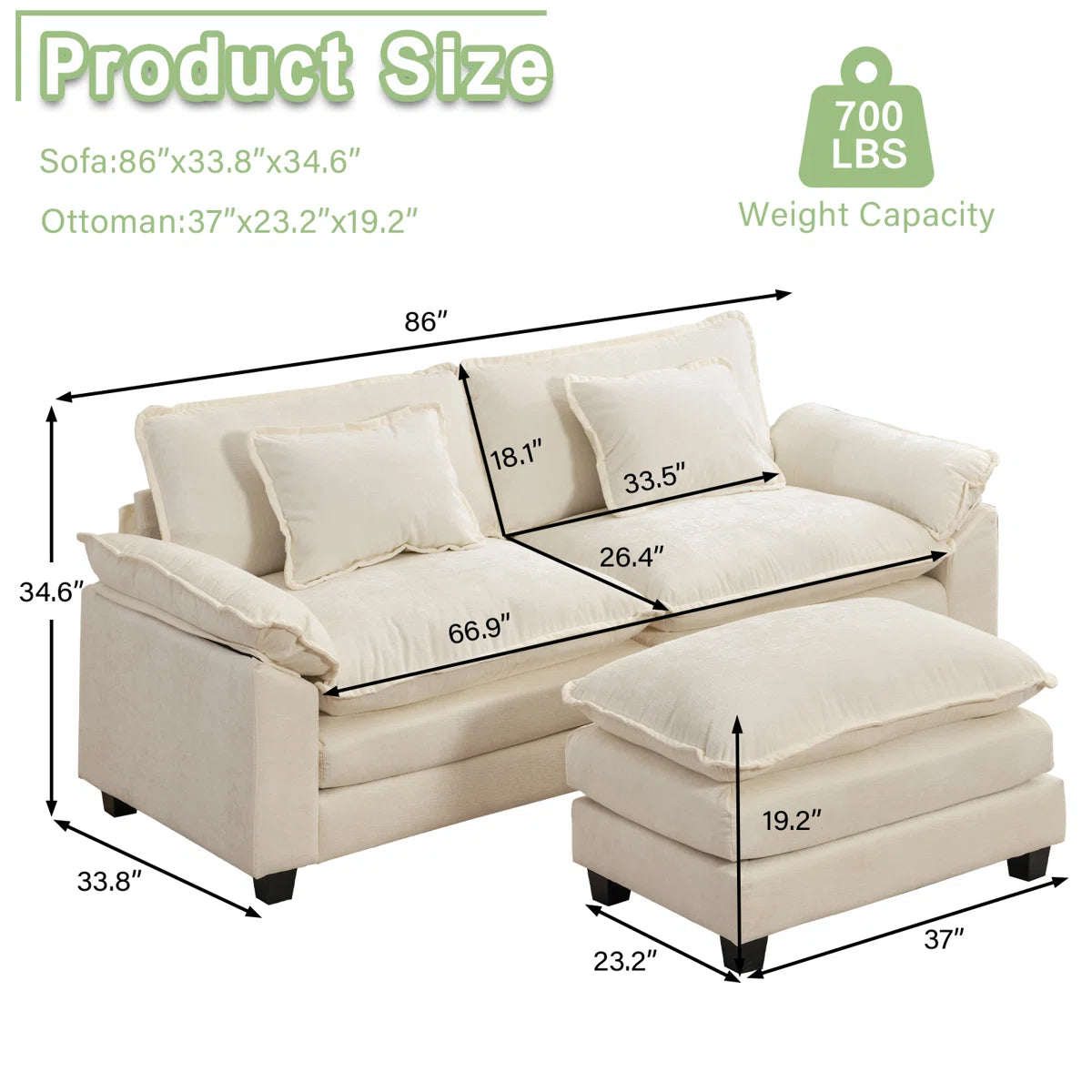 Comfy Cloud Sofa with Ottoman | Modern Upholstered 2-Seater Couch | Deep Seat Loveseat with Cushions - Image 2
