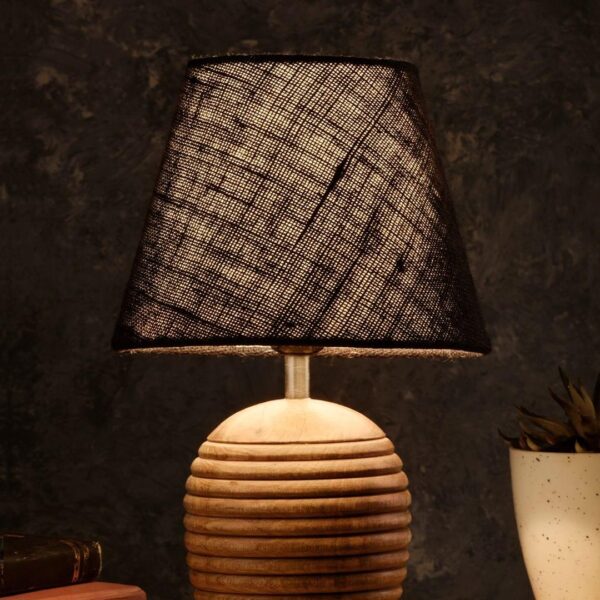 Striped Wooden Brown Lamp with Black Jute Shade - 1