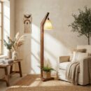Charles Wooden Floor Lamp with Brown Base and Jute Fabric Lampshade (BULB NOT INCLUDED) - 1