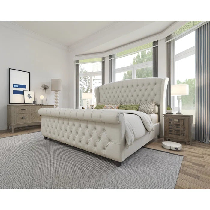 Velvet Sleigh Bed with Scroll Wingback Headboard – A Luxurious Touch for Your Bedroom - Image 2