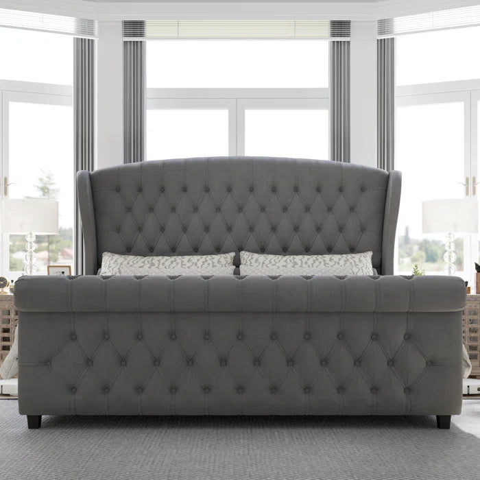 Velvet Sleigh Bed with Scroll Wingback Headboard – A Luxurious Touch for Your Bedroom - Image 12