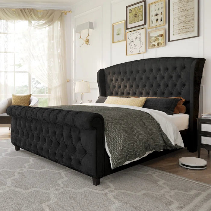 Velvet Sleigh Bed with Scroll Wingback Headboard – A Luxurious Touch for Your Bedroom - Image 15