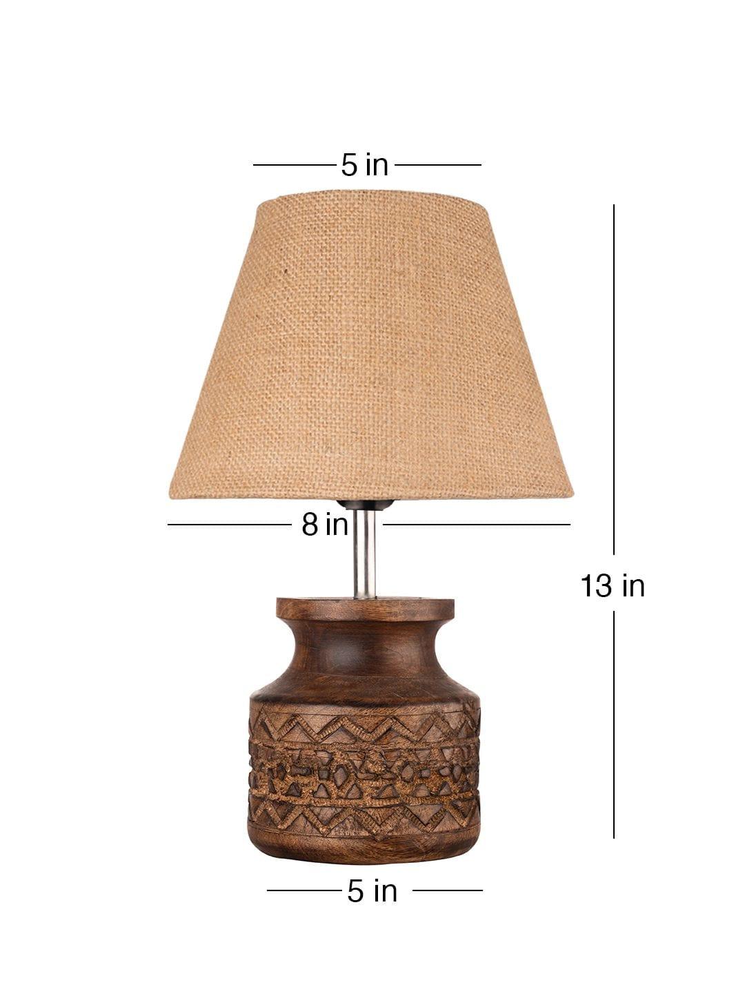 Wooden Carved Lamp with Taper Jute Brown Shade - 1 - Image 2