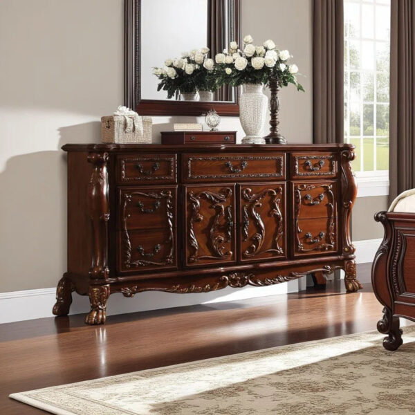 Eliava 66.2'' Solid Wood Wide Dresser, 7 Drawers w Antique Handles, Floral Carvings, Brown - Variant 1
