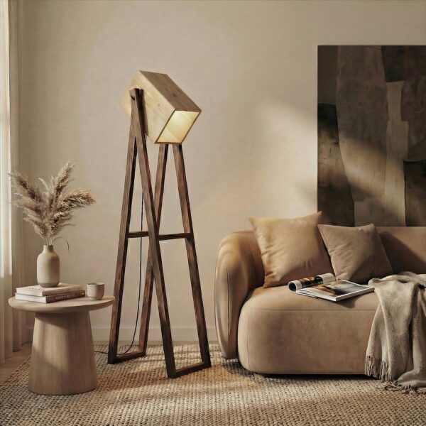 Focal Wooden Floor Lamp with Brown Base and Beige Wooden Lampshade (BULB NOT INCLUDED) - 5