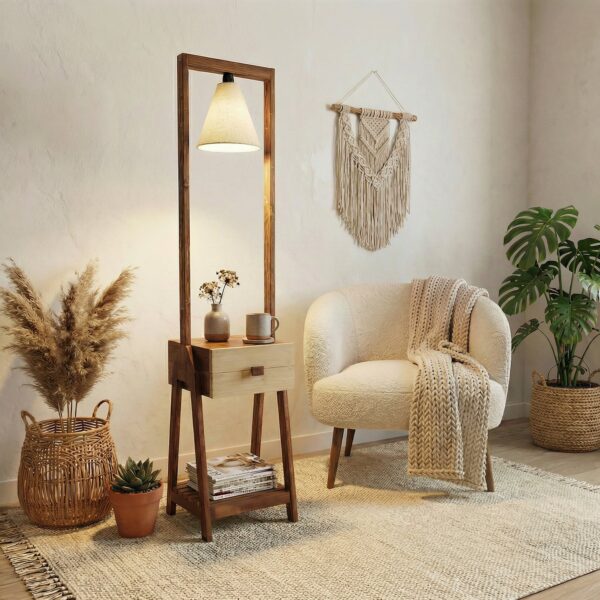 Gabrielle Wooden Floor Lamp with Brown Base and Jute Fabric Lampshade (BULB NOT INCLUDED) - 1