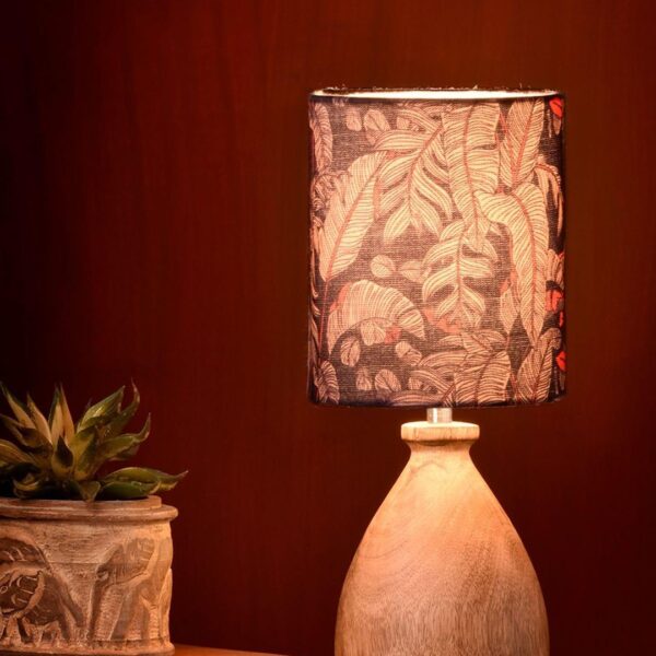 Wooden Dome Table Lamp Blue Leaves Shade - 1