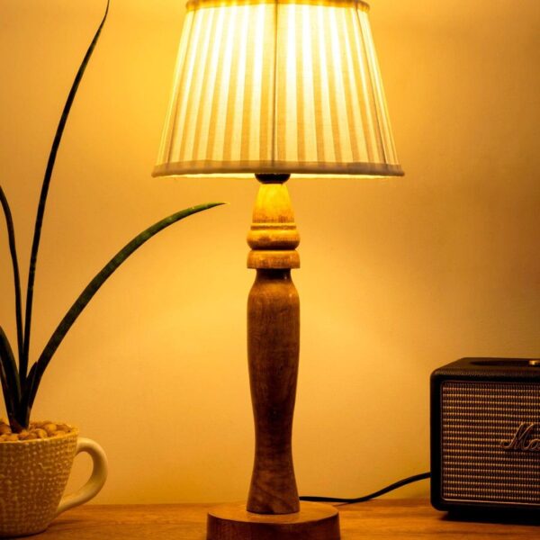 Wooden Round Brown Lamp with pleeted White Taper soft Shade - 1