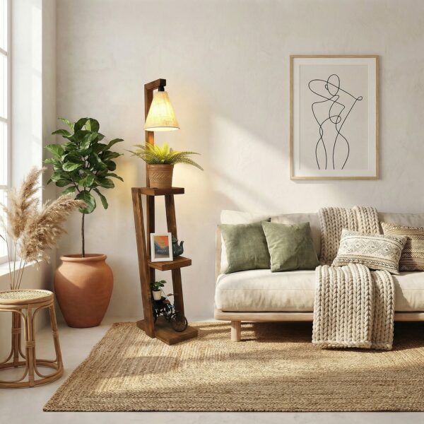 Julia Wooden Floor Lamp with Brown Base and Jute Fabric Lampshade (BULB NOT INCLUDED) - 5