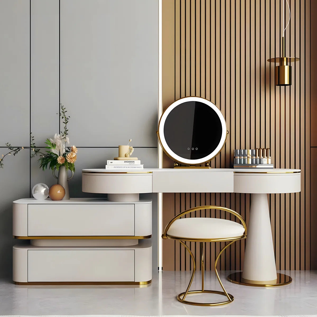 Modern Cream White Vanity Set with Lighted Mirror, Movable Cabinet & Stool - Image 8