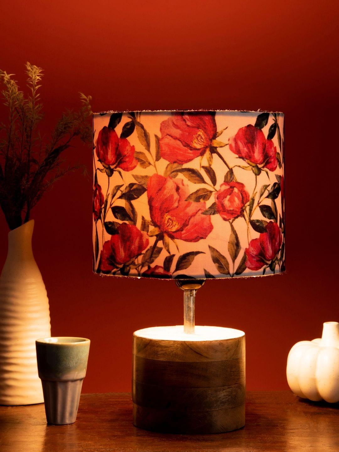 Wooden Brown Log Table Lamp with Pink Rose Shade - 1