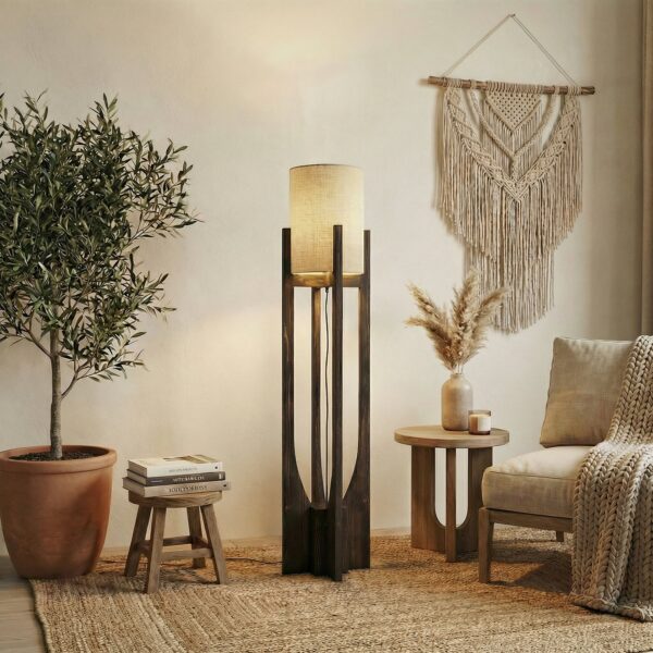 Solitaire Wooden Floor Lamp with Brown Base and White Fabric Lampshade (BULB NOT INCLUDED) - 2