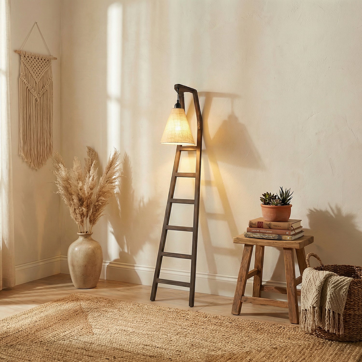 Stairway Wooden Floor Lamp with Brown Base and Jute Fabric Lampshade (BULB NOT INCLUDED) - 1