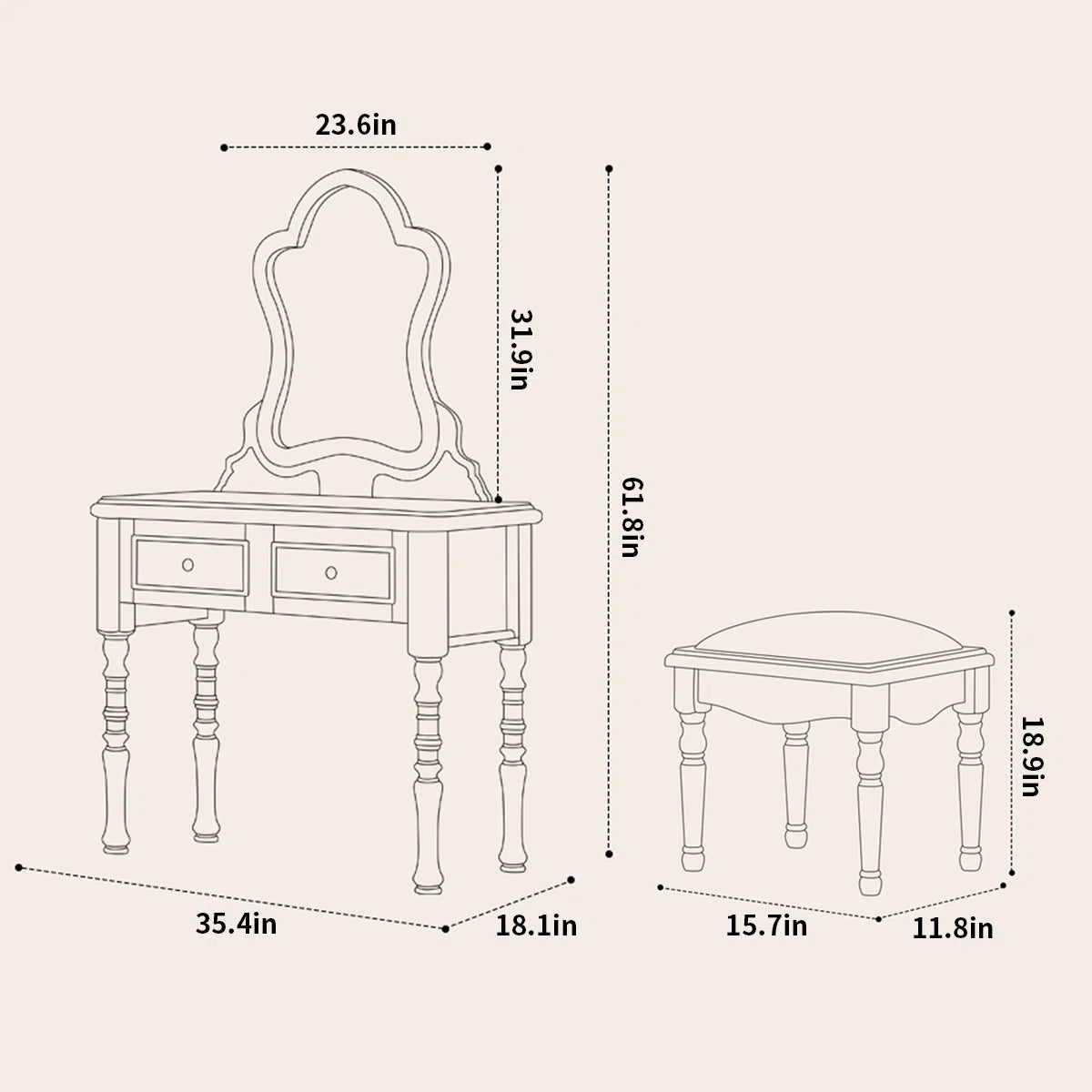 Vintage Mahogany Makeup Vanity Set with Petal Mirror & Stool - Image 11