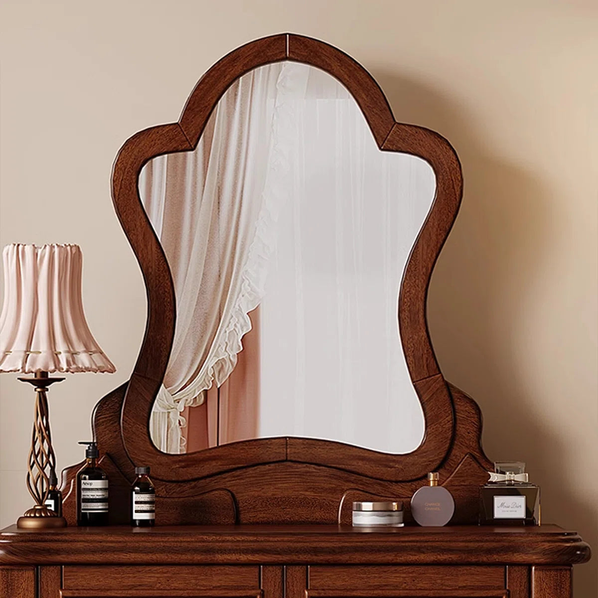 Vintage Mahogany Makeup Vanity Set with Petal Mirror & Stool - Image 9