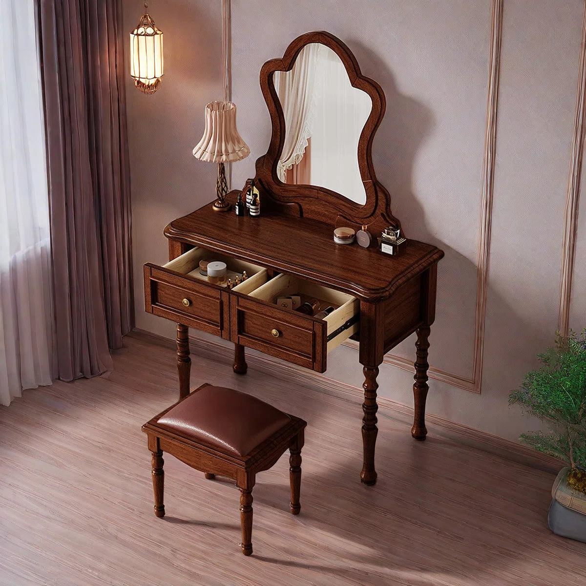 Vintage Mahogany Makeup Vanity Set with Petal Mirror & Stool - Image 3